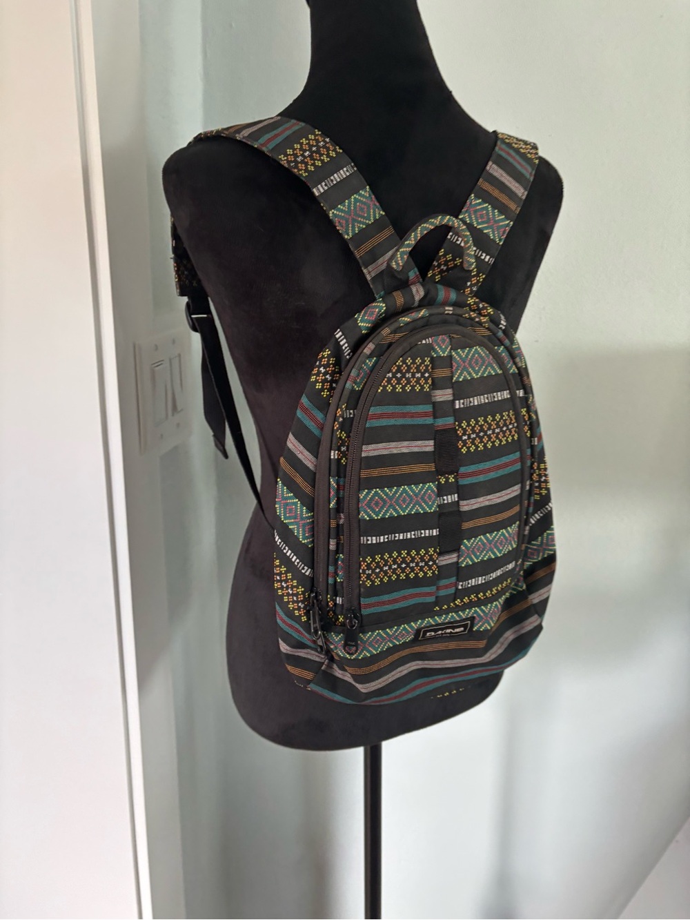 Dakine Cosmo 6.5L Multi-Stripe Patterned Mini Backpack in Teal, Black & Gray - Picture 3 of 6